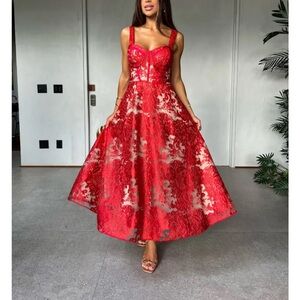 Red Lace Midi Dress